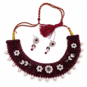 Silver Maroon Choker/Chatai Nacklace Set for Women