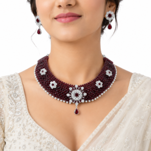 Silver Maroon Choker/Chatai Nacklace With Earrings for Women