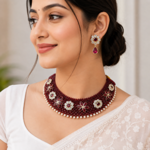 Silver Maroon Choker/Chatai Nacklace With Earrings for Women