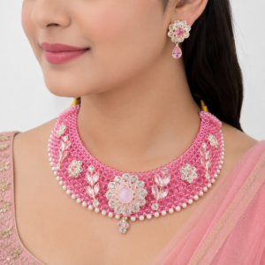 Silver Pink Choker/Chatai Nacklace With Earrings for Women